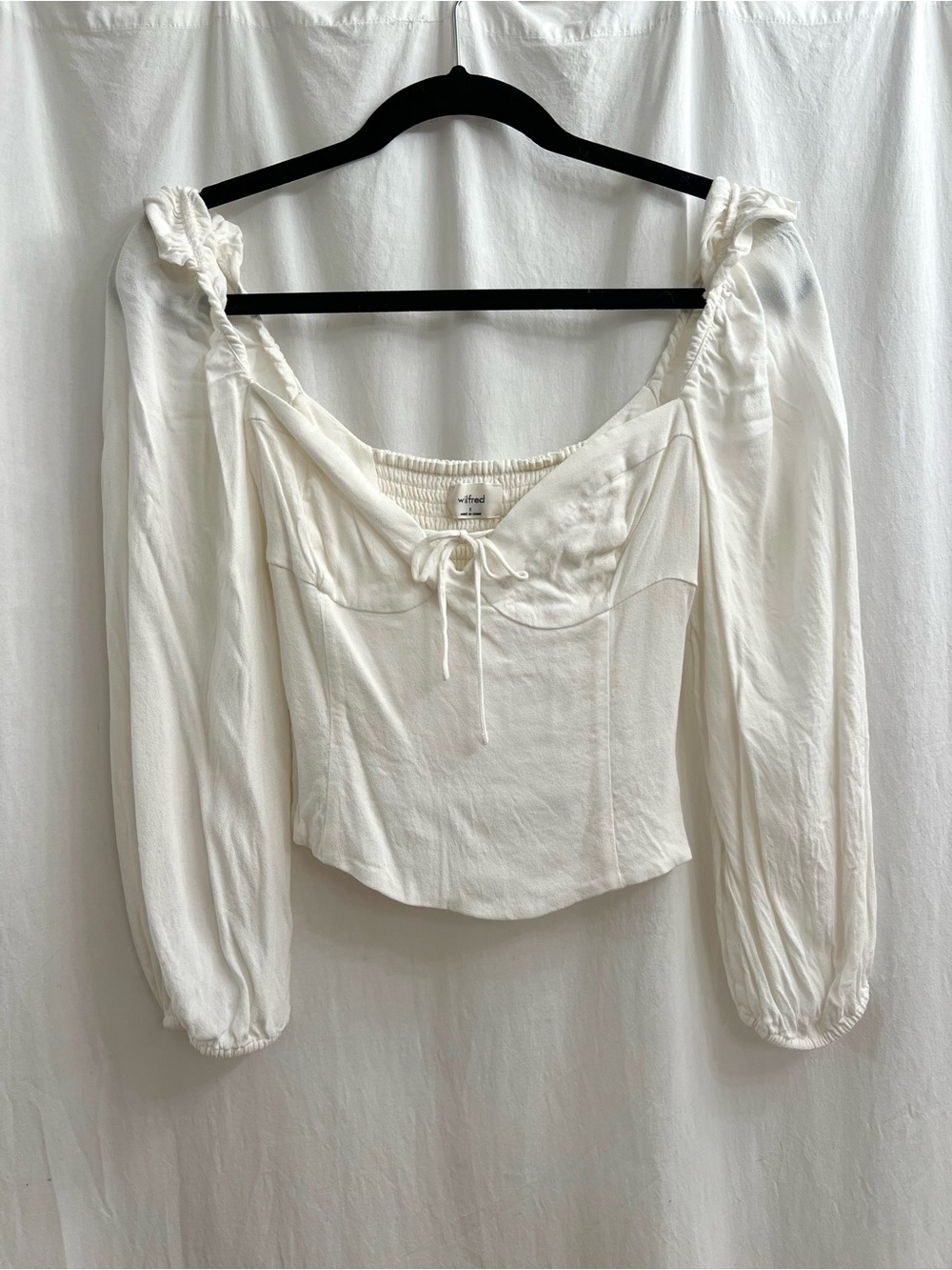 Aritzia Cream Smocked Square-Neck Long Sleeve Peasant Top
